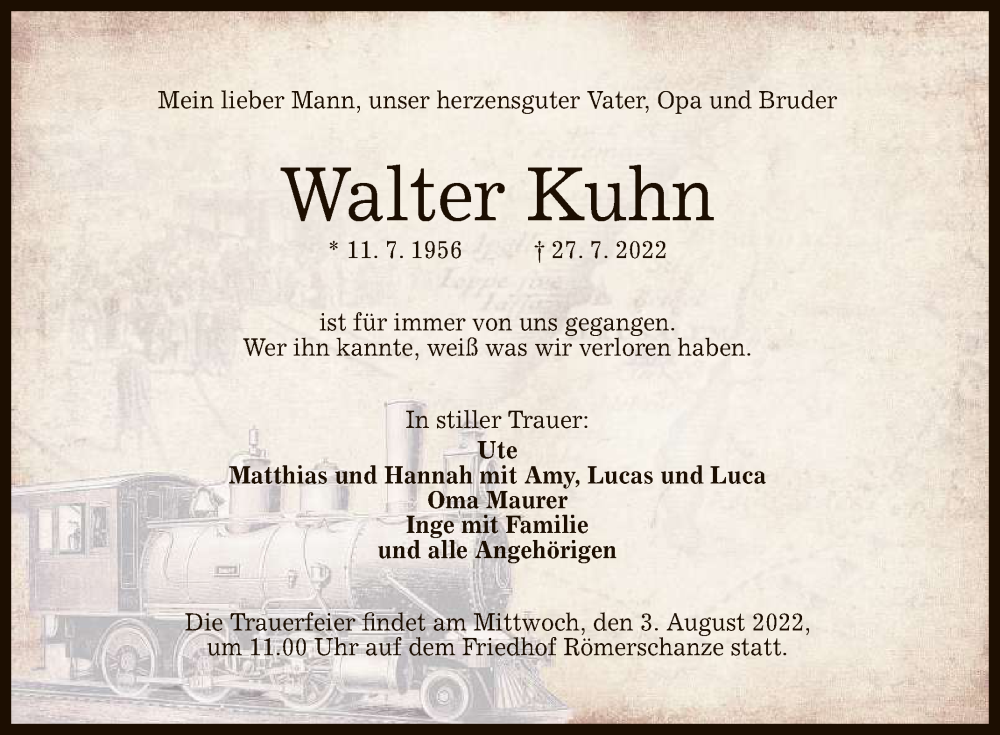  Traueranzeige für Walter Kuhn vom 30.07.2022 aus Reutlinger General-Anzeiger