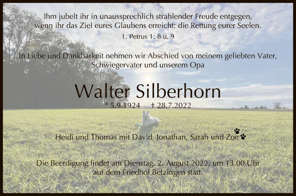  Traueranzeige für Walter Silberhorn vom 30.07.2022 aus Reutlinger General-Anzeiger