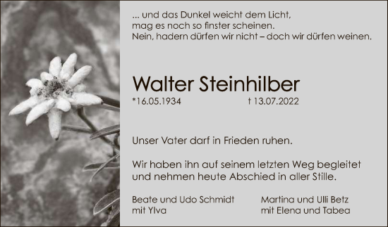 Anzeige von Walter Steinhilber von Reutlinger General-Anzeiger