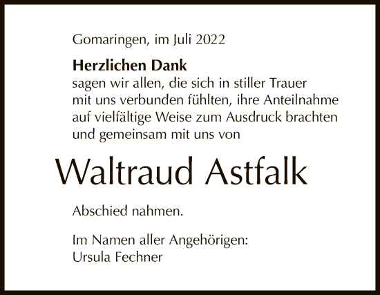 Anzeige von Waltraud Astfalk von Reutlinger General-Anzeiger