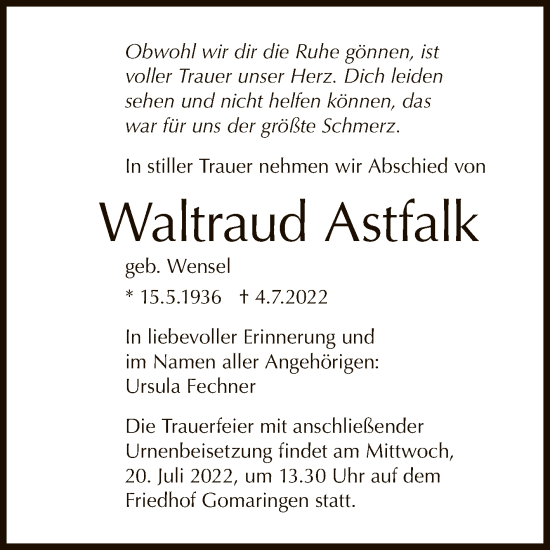 Anzeige von Waltraud Astfalk von Reutlinger General-Anzeiger