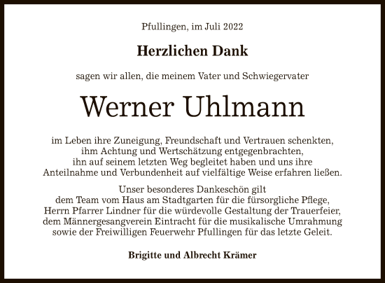 Anzeige von Werner Uhlmann von Reutlinger General-Anzeiger
