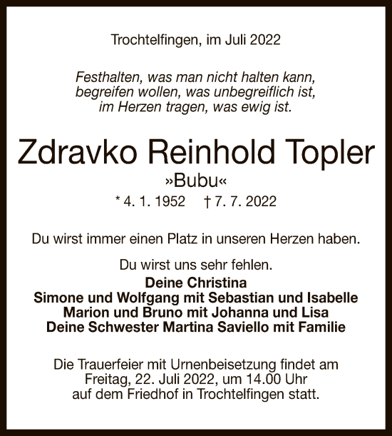 Anzeige von Zdravko Reinhold Topler von Reutlinger General-Anzeiger
