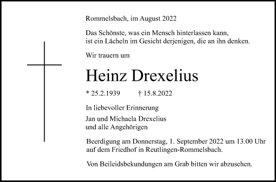 Anzeige von Heinz Drexelius von REUTLINGER GENERAL-ANZEIGER