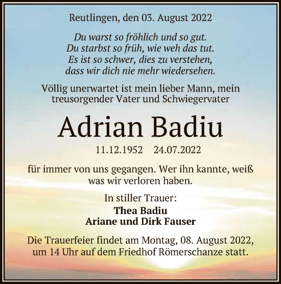 Anzeige von Adrian Badiu von Reutlinger General-Anzeiger