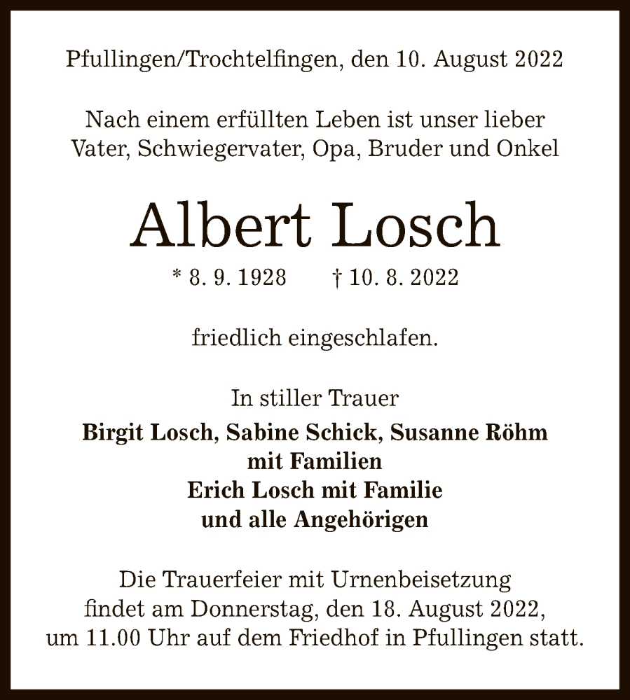  Traueranzeige für Albert Losch vom 13.08.2022 aus Reutlinger General-Anzeiger
