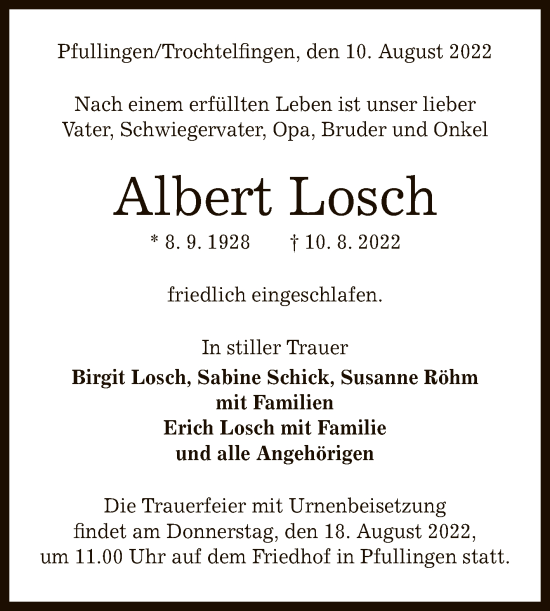 Anzeige von Albert Losch von Reutlinger General-Anzeiger