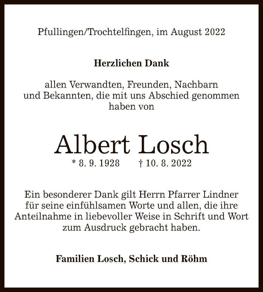  Traueranzeige für Albert Losch vom 31.08.2022 aus Reutlinger General-Anzeiger