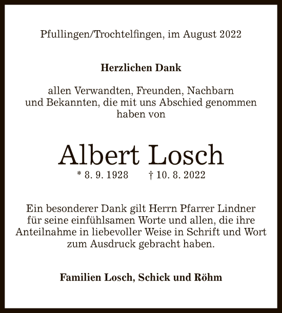 Anzeige von Albert Losch von Reutlinger General-Anzeiger