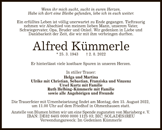 Anzeige von Alfred Kümmerle von Reutlinger General-Anzeiger