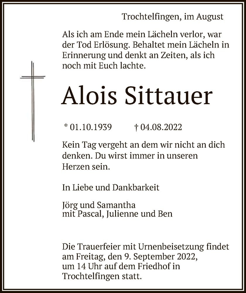  Traueranzeige für Alois Sittauer vom 27.08.2022 aus Reutlinger General-Anzeiger