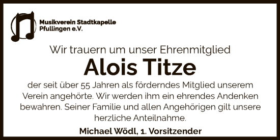 Anzeige von Alois Titze von Reutlinger General-Anzeiger