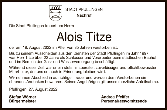 Anzeige von Alois Titze von Reutlinger General-Anzeiger