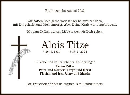Anzeige von Alois Titze von Reutlinger General-Anzeiger