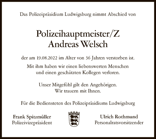 Anzeige von Andreas Welsch von Reutlinger General-Anzeiger