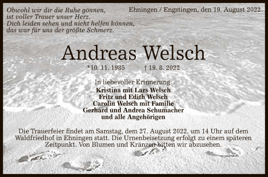 Anzeige von Andreas Welsch von Reutlinger General-Anzeiger