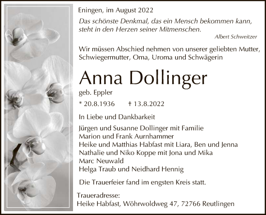 Anzeige von Anna Dollinger von Reutlinger General-Anzeiger