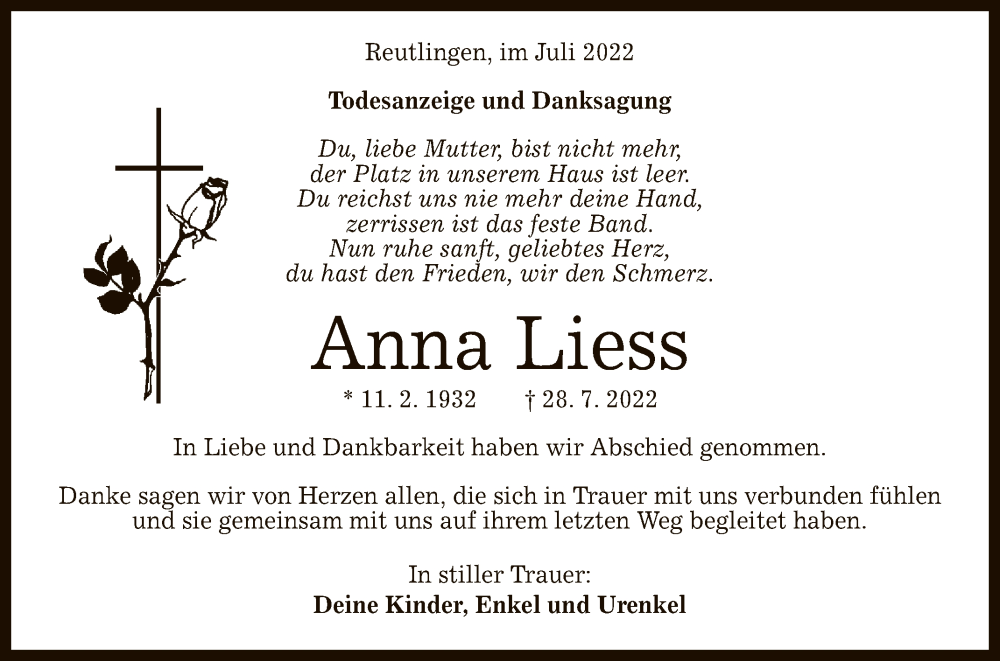  Traueranzeige für Anna Liess vom 06.08.2022 aus Reutlinger General-Anzeiger
