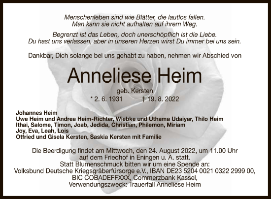 Anzeige von Anneliese Heim von Reutlinger General-Anzeiger