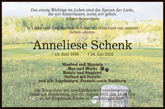 Anzeige von Anneliese Schenk von Reutlinger General-Anzeiger