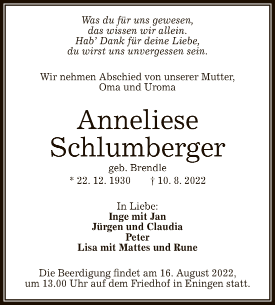 Anzeige von Anneliese Schlumberger von Reutlinger General-Anzeiger