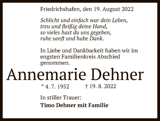 Anzeige von Annemarie Dehner von Reutlinger General-Anzeiger