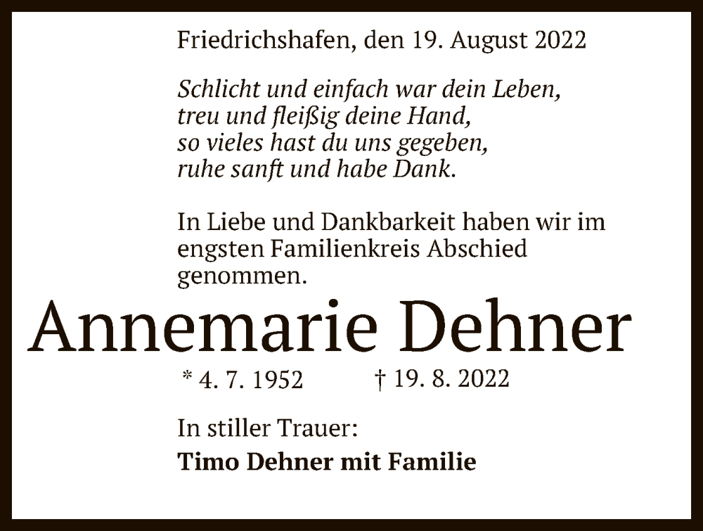  Traueranzeige für Annemarie Dehner vom 24.08.2022 aus Reutlinger General-Anzeiger