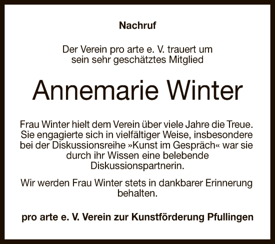 Anzeige von Annemarie Winter von Reutlinger General-Anzeiger