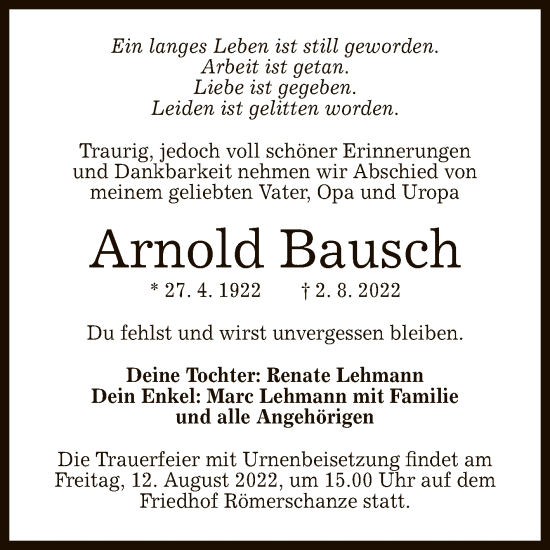 Anzeige von Arnold Bausch von Reutlinger General-Anzeiger