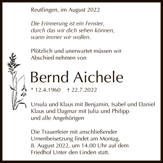 Anzeige von Bernd Aichele von Reutlinger General-Anzeiger