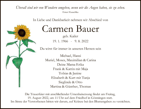 Anzeige von Carmen Bauer von Reutlinger General-Anzeiger