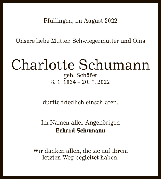 Anzeige von Charlotte Schumann von Reutlinger General-Anzeiger