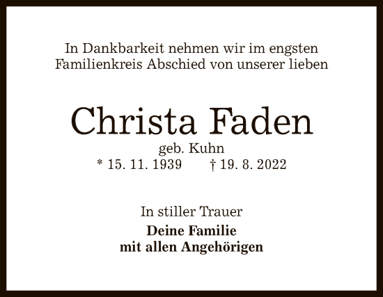 Anzeige von Christa Faden von Reutlinger General-Anzeiger