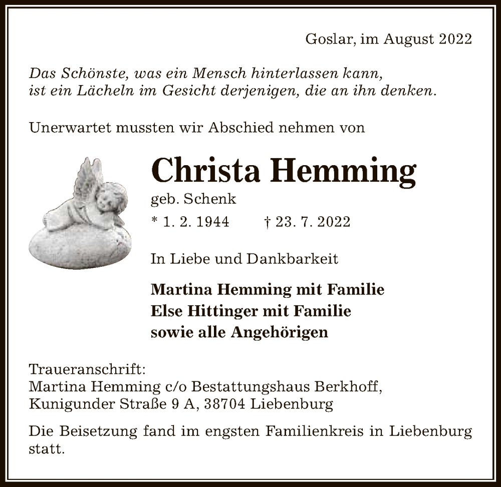  Traueranzeige für Christa Hemming vom 13.08.2022 aus Reutlinger General-Anzeiger