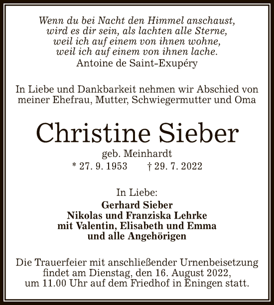 Anzeige von Christine Sieber von Reutlinger General-Anzeiger