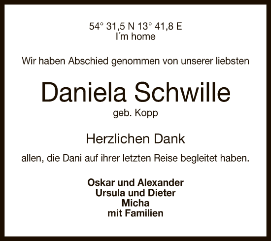Anzeige von Daniela Schwille von Reutlinger General-Anzeiger