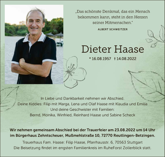 Anzeige von Dieter Haase von Reutlinger General-Anzeiger