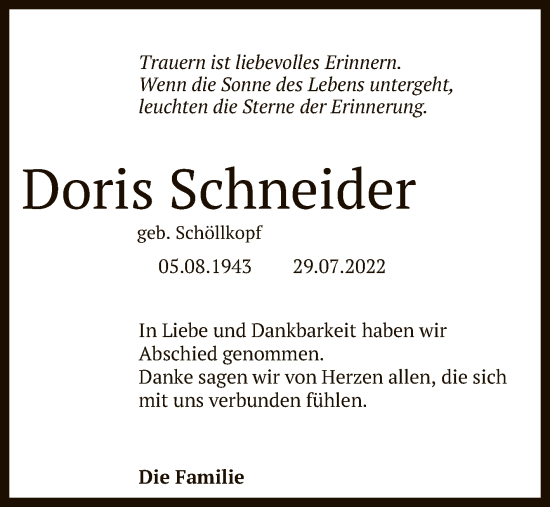 Anzeige von Doris Schneider von Reutlinger General-Anzeiger