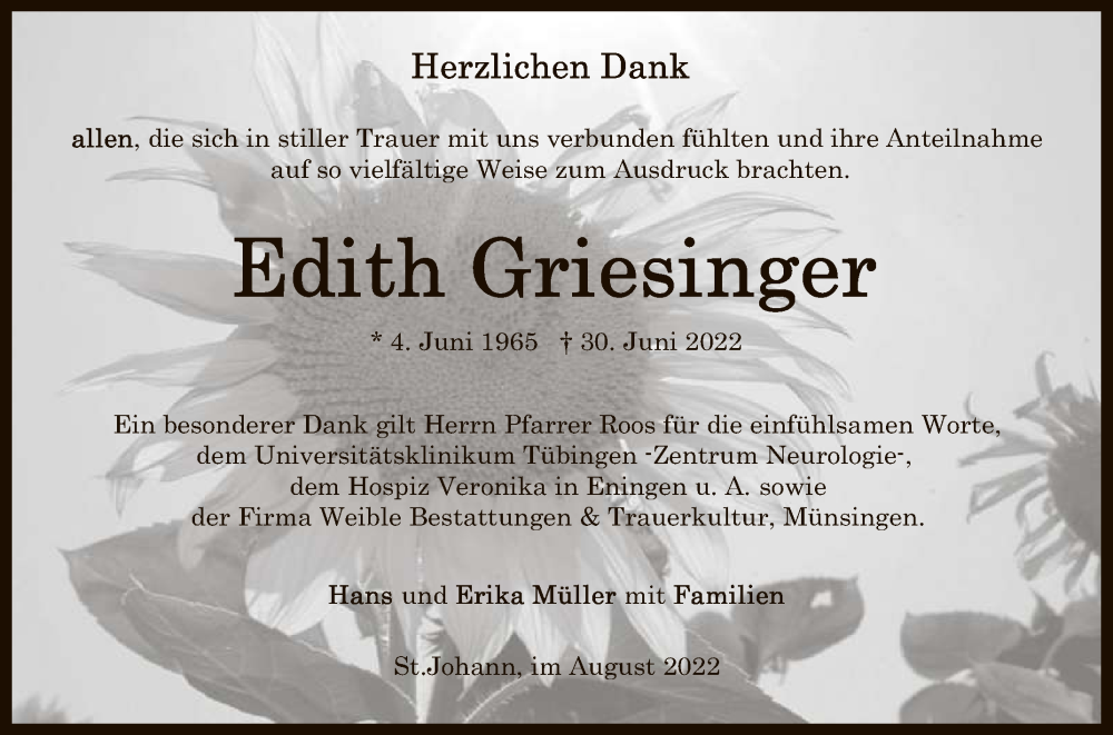  Traueranzeige für Edith Griesinger vom 09.08.2022 aus Reutlinger General-Anzeiger