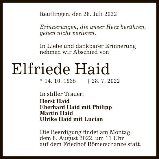 Anzeige von Elfriede Haid von Reutlinger General-Anzeiger