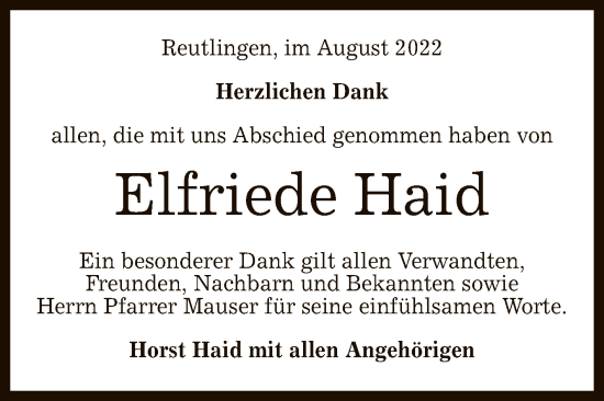 Anzeige von Elfriede Haid von Reutlinger General-Anzeiger