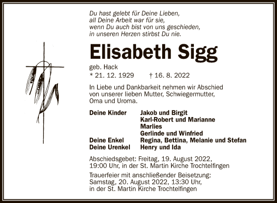 Anzeige von Elisabeth Sigg von Reutlinger General-Anzeiger