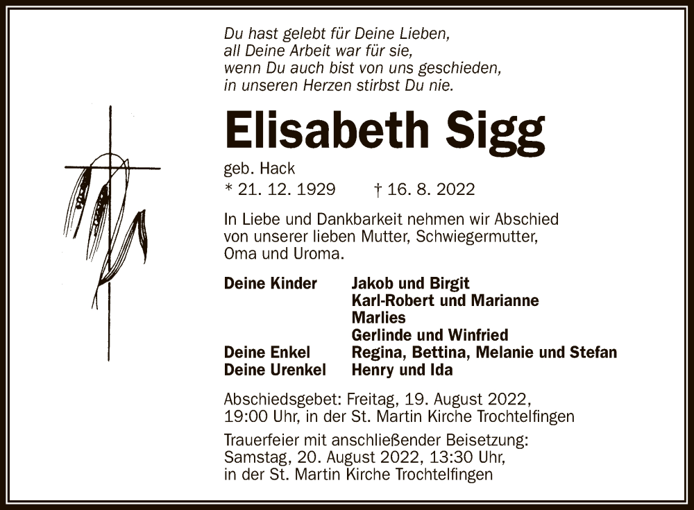  Traueranzeige für Elisabeth Sigg vom 18.08.2022 aus Reutlinger General-Anzeiger