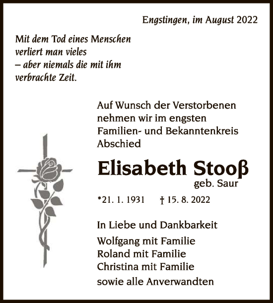 Anzeige von Elisabeth Stooß von Reutlinger General-Anzeiger