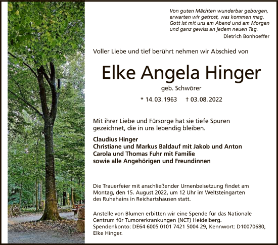 Anzeige von Elke Angela Hinger von Reutlinger General-Anzeiger