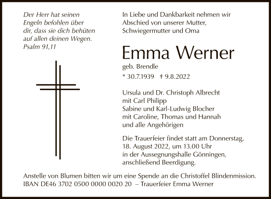 Anzeige von Emma Werner von Reutlinger General-Anzeiger