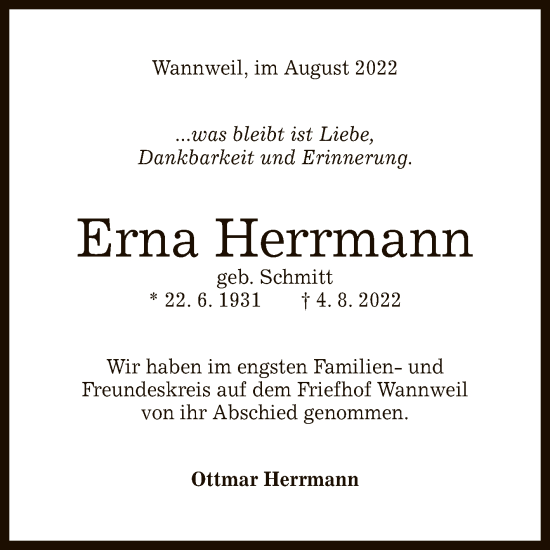 Anzeige von Erna Herrmann von Reutlinger General-Anzeiger