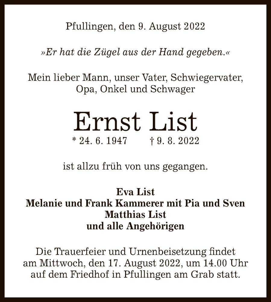  Traueranzeige für Ernst List vom 13.08.2022 aus Reutlinger General-Anzeiger