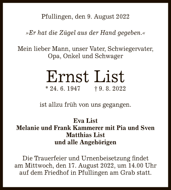 Anzeige von Ernst List von Reutlinger General-Anzeiger