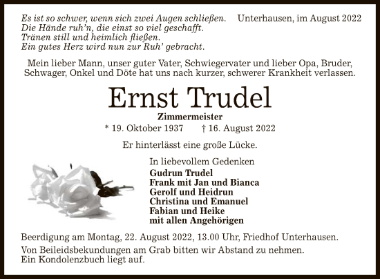 Anzeige von Ernst Trudel von Reutlinger General-Anzeiger